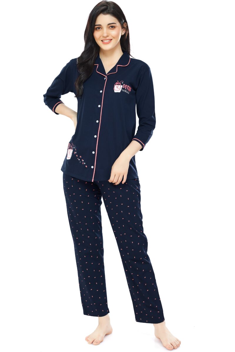 Women's Cotton Navy Blue Flash Printed Stylish Night Suit Set - Image 5