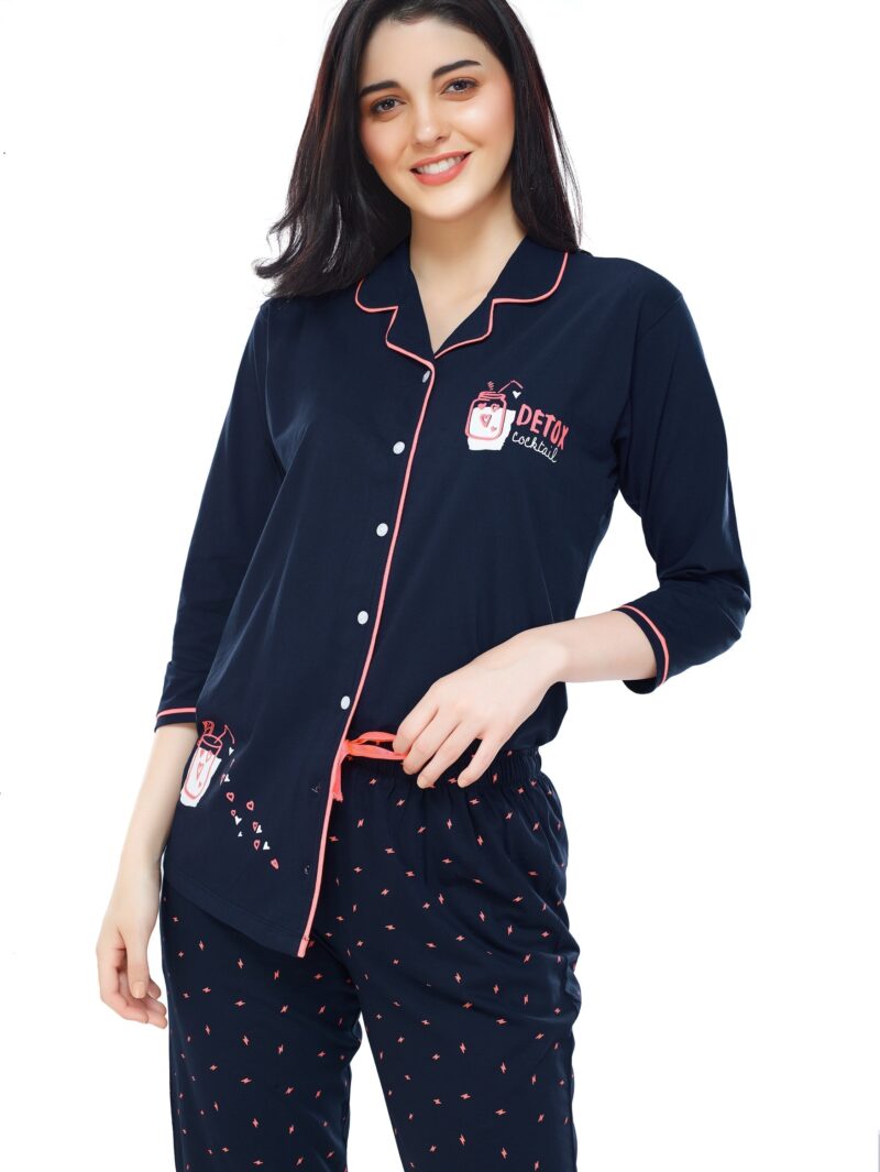 Women's Cotton Navy Blue Flash Printed Stylish Night Suit Set - Image 2