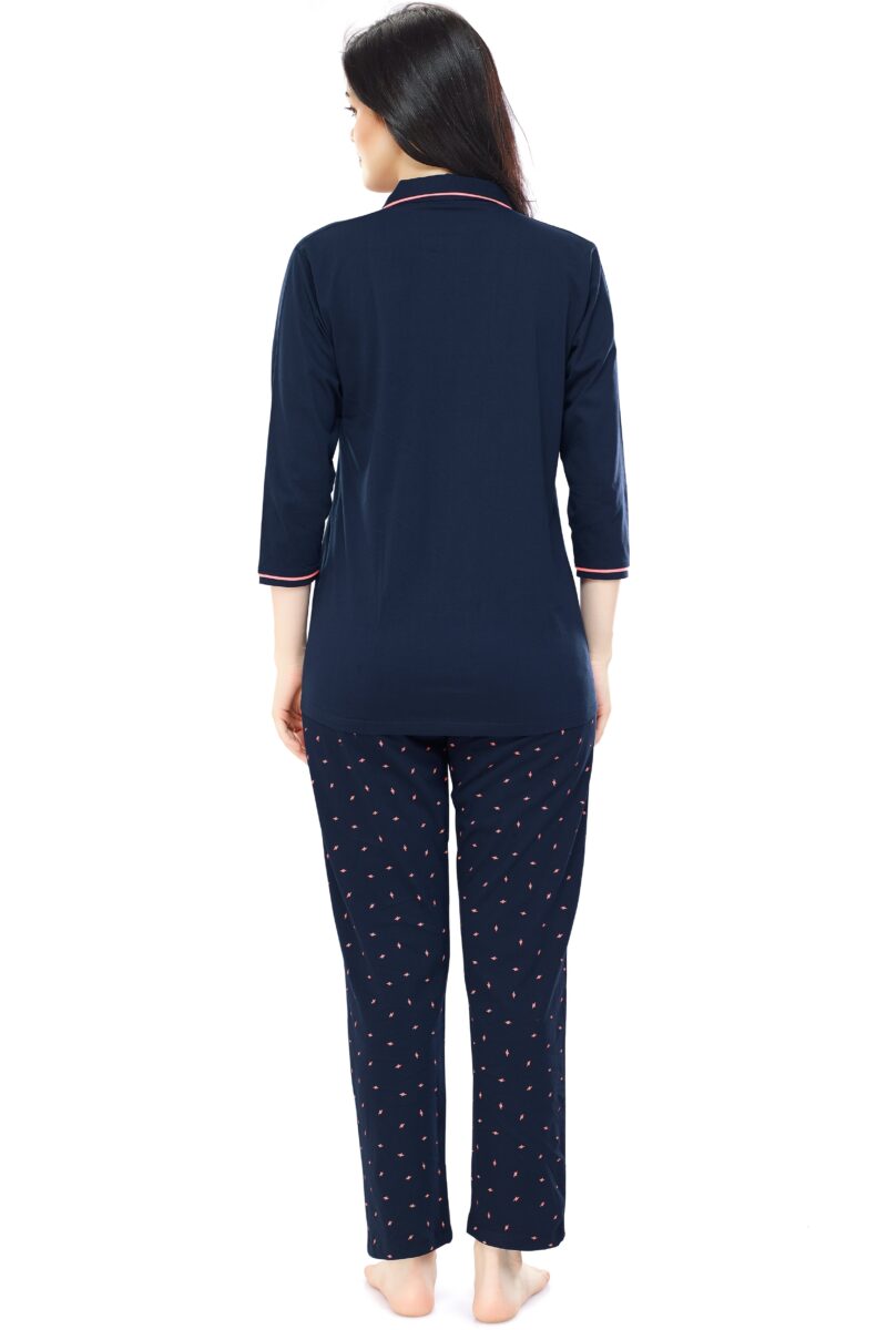 Women's Cotton Navy Blue Flash Printed Stylish Night Suit Set - Image 3