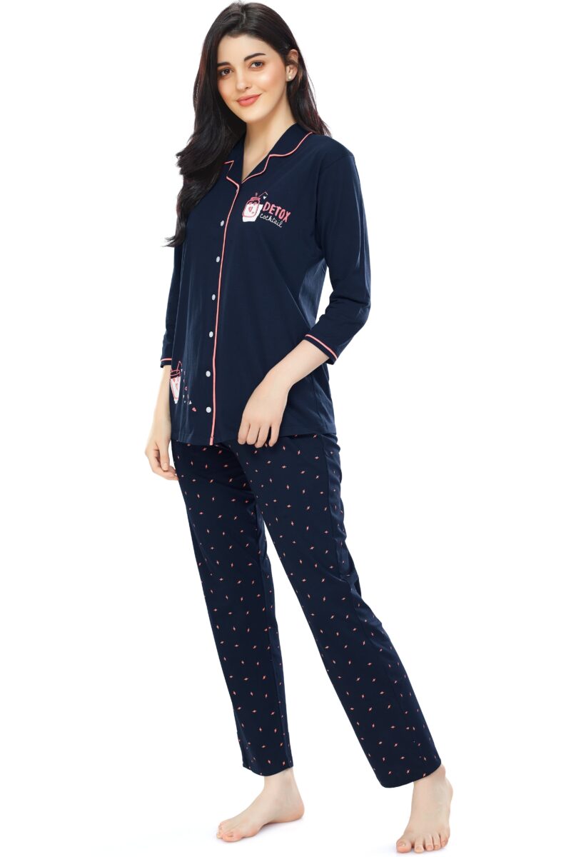 Women's Cotton Navy Blue Flash Printed Stylish Night Suit Set - Image 4