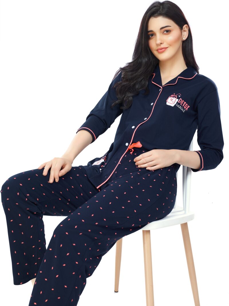 Women's Cotton Navy Blue Flash Printed Stylish Night Suit Set