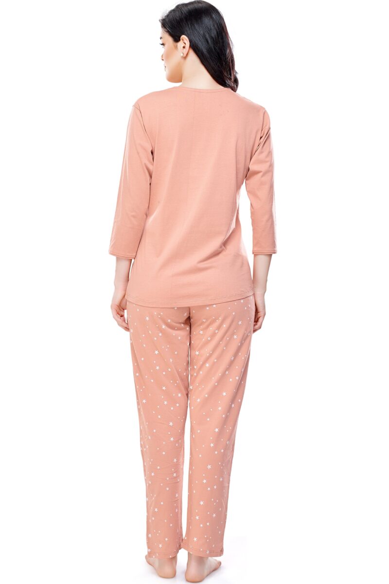 Women's Cotton Peach Star & Dot Printed Stylish Night Suit Set - Image 3