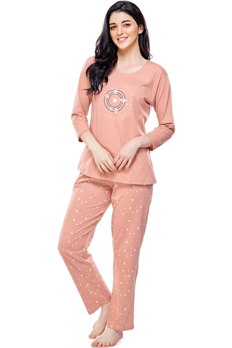 Women's Cotton Peach Star & Dot Printed Stylish Night Suit Set - Image 4