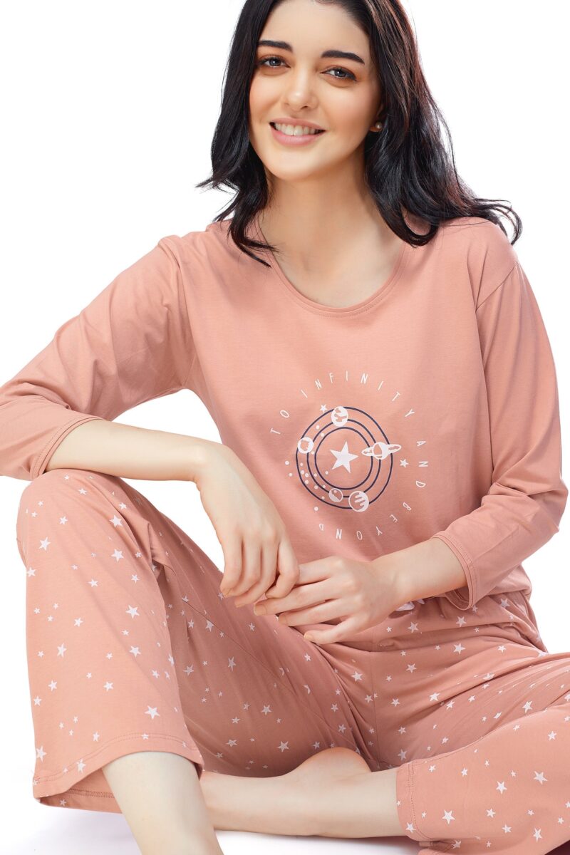 Women's Cotton Peach Star & Dot Printed Stylish Night Suit Set