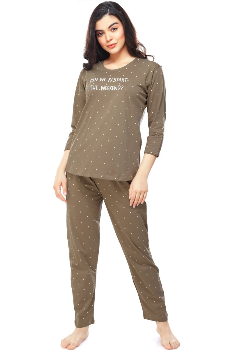 Women's Cotton Brown Dot Printed Stylish Night Suit Set - Image 5