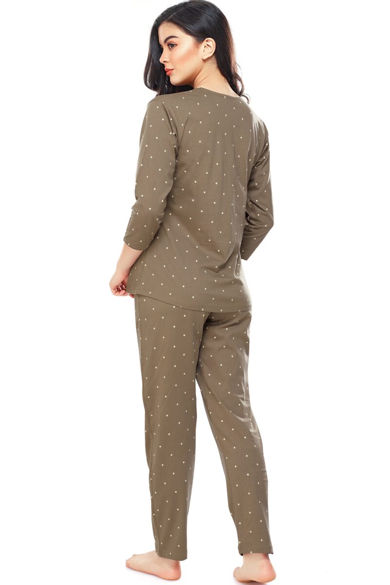 Women's Cotton Brown Dot Printed Stylish Night Suit Set - Image 3