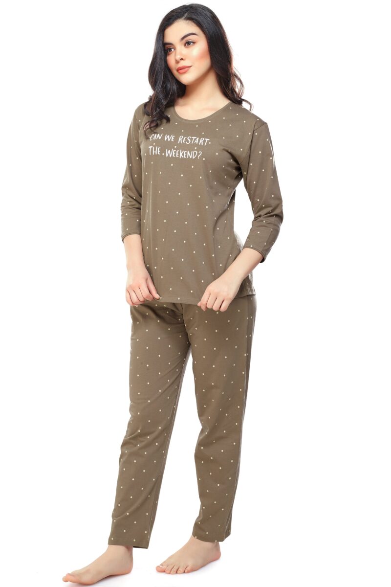 Women's Cotton Brown Dot Printed Stylish Night Suit Set - Image 4