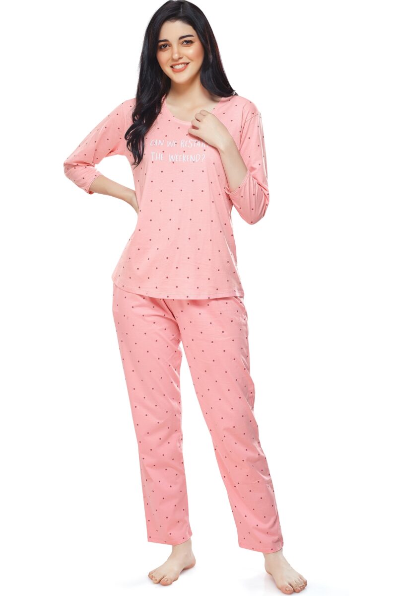 Women's Cotton Pink Dot Printed Stylish Night Suit Set - Image 5