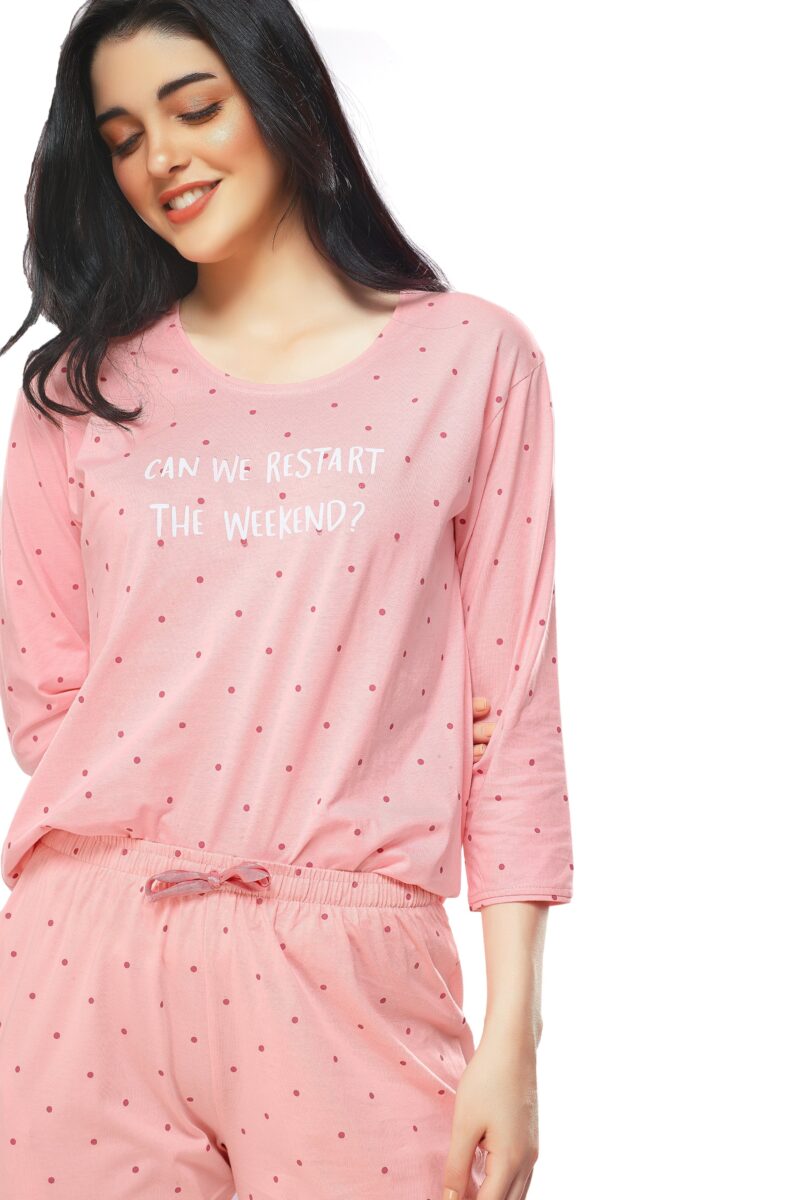 Women's Cotton Pink Dot Printed Stylish Night Suit Set - Image 2