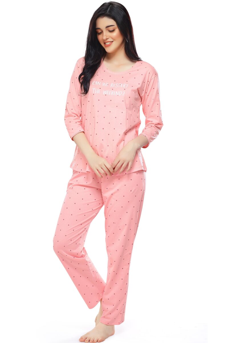 Women's Cotton Pink Dot Printed Stylish Night Suit Set - Image 4