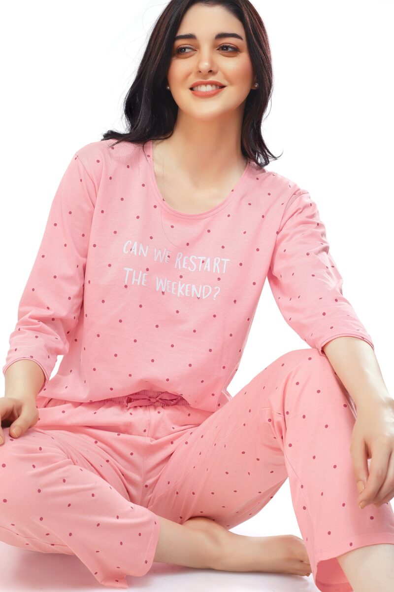 Women's Cotton Pink Dot Printed Stylish Night Suit Set