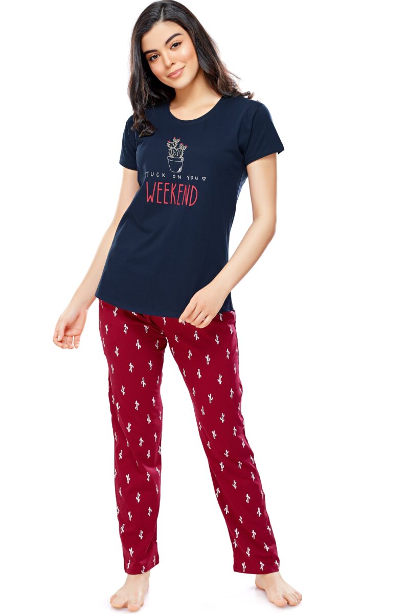 Women's Cotton Navy Blue Cactus Printed Stylish Night Suit - Image 5