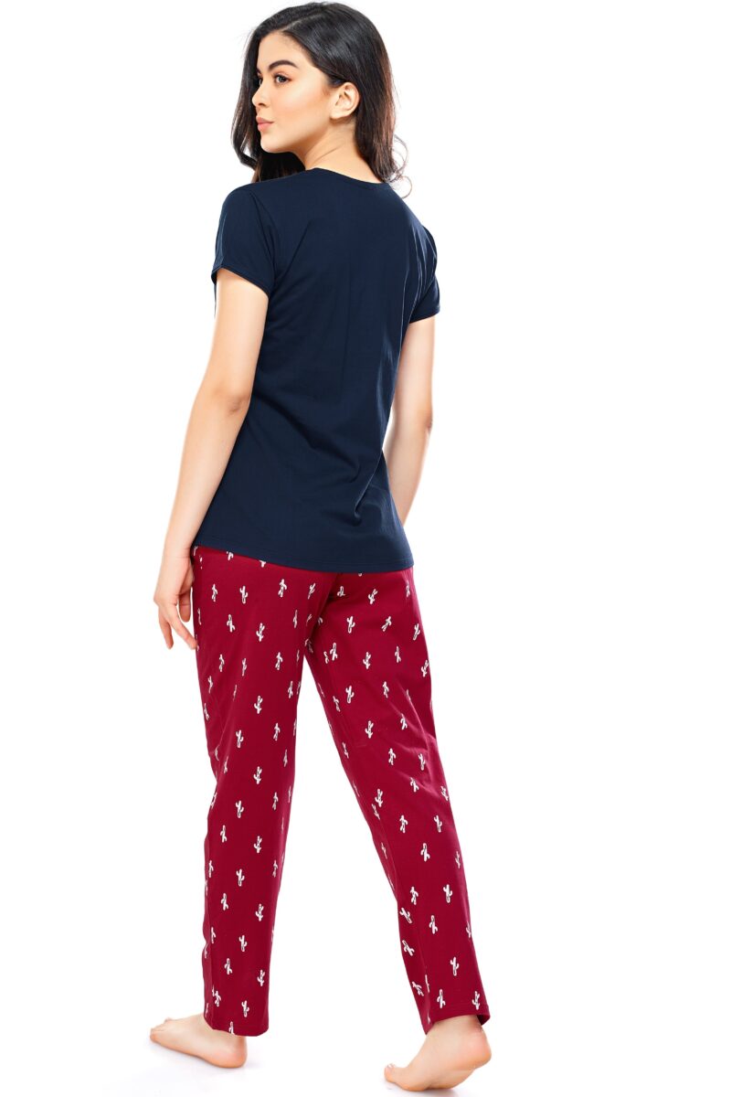 Women's Cotton Navy Blue Cactus Printed Stylish Night Suit - Image 3