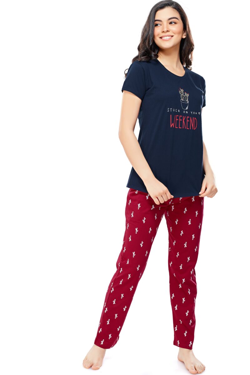 Women's Cotton Navy Blue Cactus Printed Stylish Night Suit - Image 4