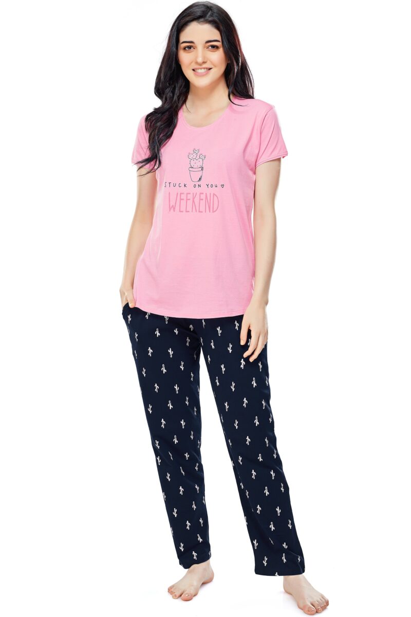 Women's Cotton Pink Cactus Printed Stylish Night Suit - Image 2