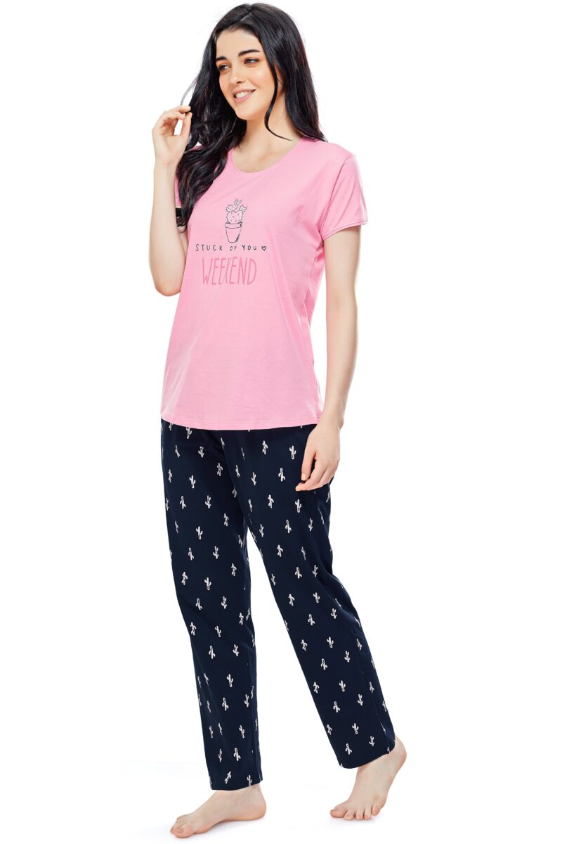 Women's Cotton Pink Cactus Printed Stylish Night Suit - Image 4