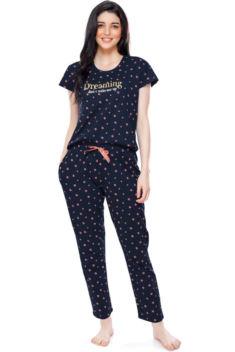 Women's Cotton Navy Blue Star Printed Stylish Night Suit Set - Image 5