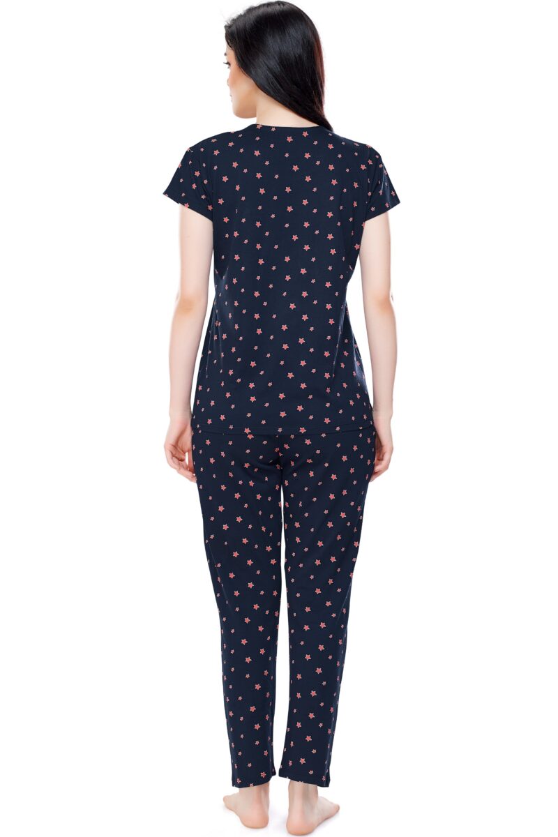 Women's Cotton Navy Blue Star Printed Stylish Night Suit Set - Image 3