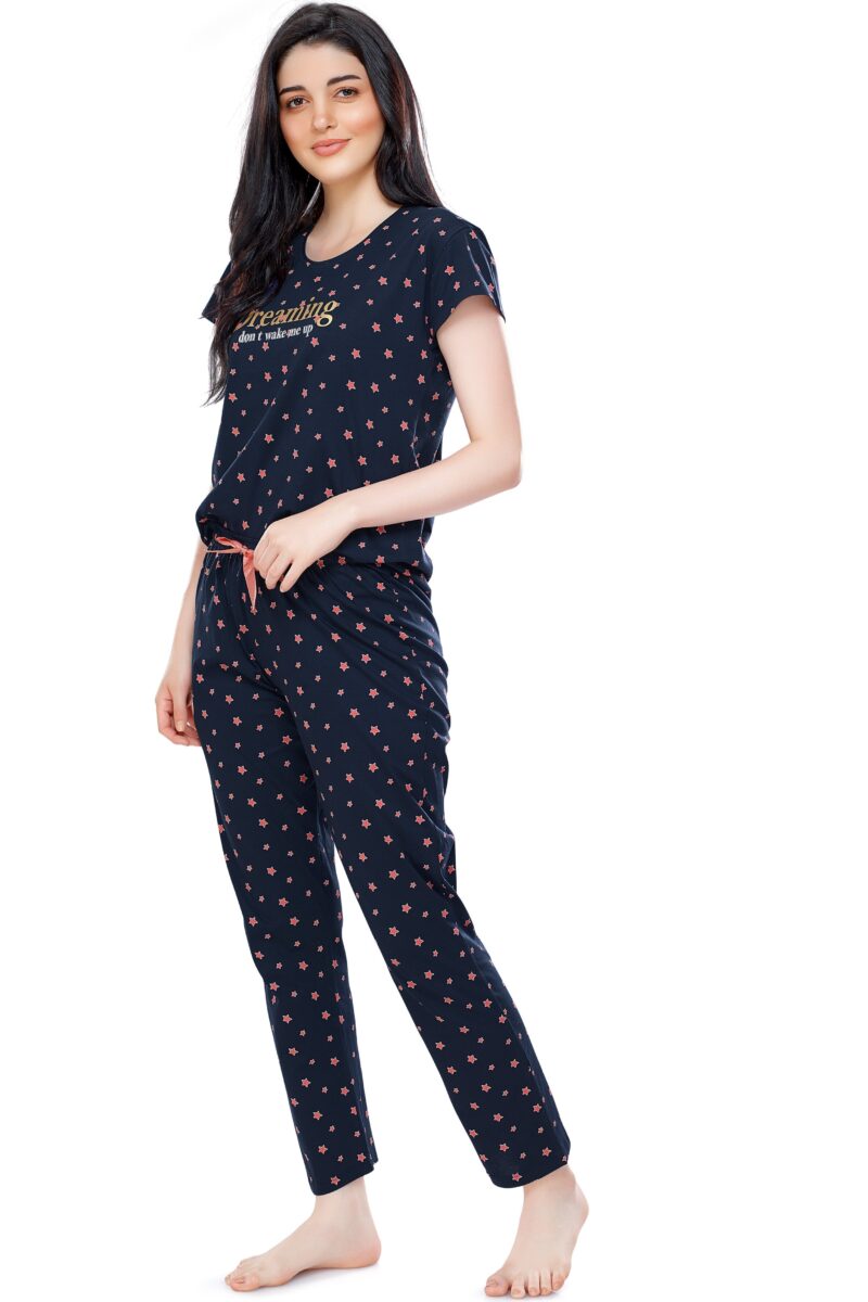 Women's Cotton Navy Blue Star Printed Stylish Night Suit Set - Image 4