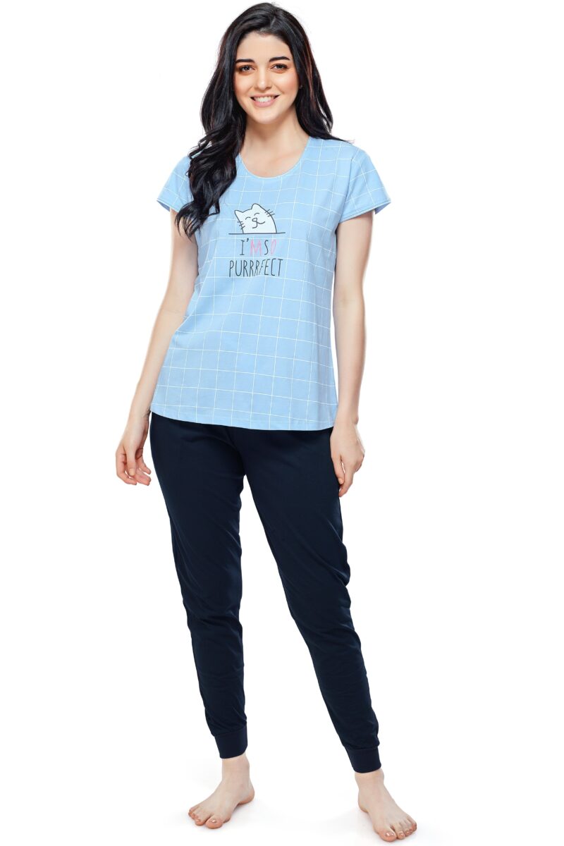 Women's Cotton Blue Checked Stylish Night Suit Set - Image 5