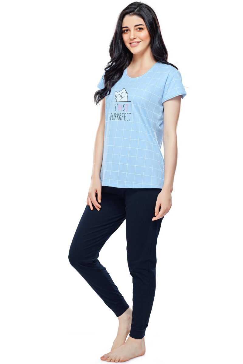 Women's Cotton Blue Checked Stylish Night Suit Set - Image 4