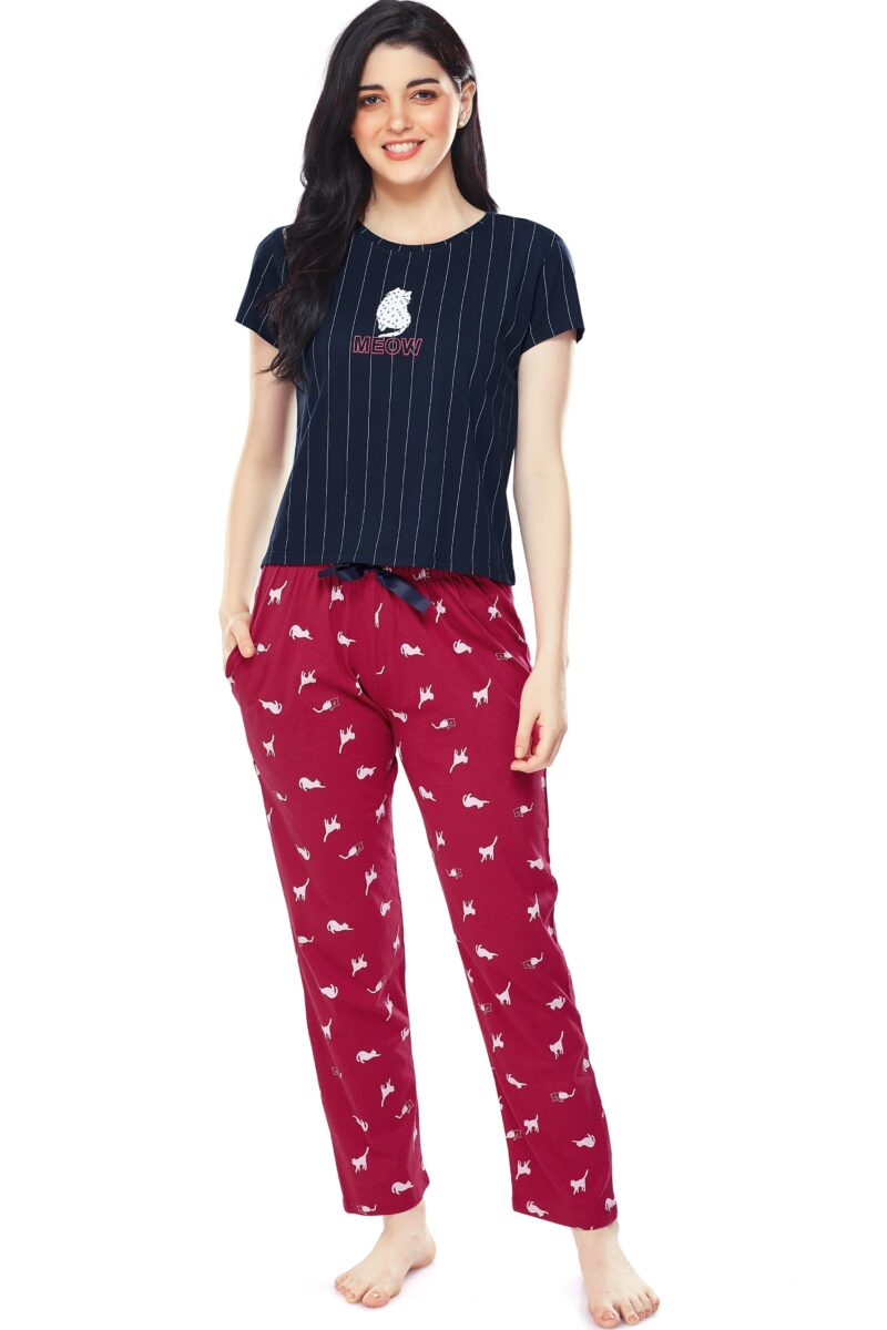 Women's Cotton Navy Blue Cat Printed Stylish Night Suit Set - Image 5