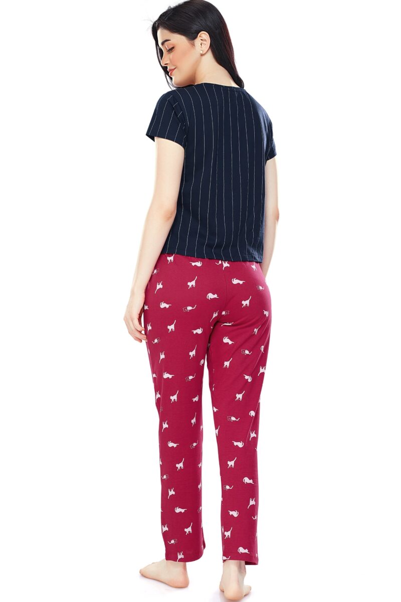 Women's Cotton Navy Blue Cat Printed Stylish Night Suit Set - Image 3