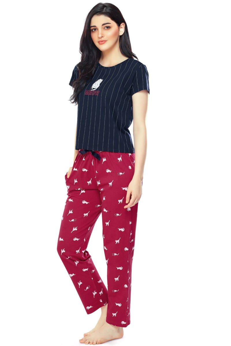 Women's Cotton Navy Blue Cat Printed Stylish Night Suit Set - Image 4